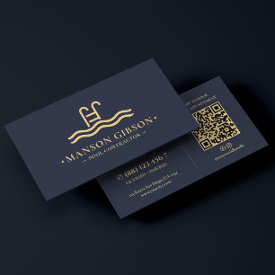 Tarjeta De Visita Contratista de piscinas Código QR moderno navy osc