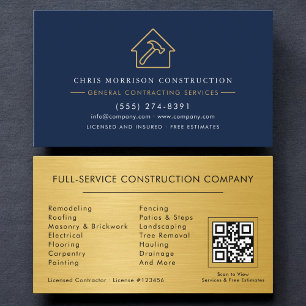 Tarjeta De Visita Contratista general Código QR azul marino dorado m