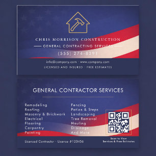 Tarjeta De Visita Contratista general código QR bandera americana