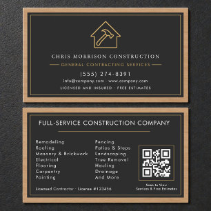 Tarjeta De Visita Contratista general Código QR de madera negro oro