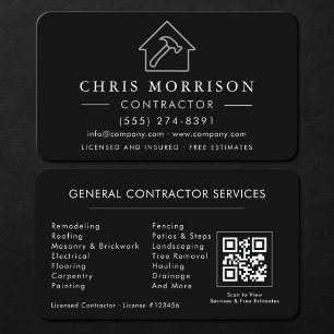 Tarjeta De Visita Contratista General de Construcción Código QR Negr
