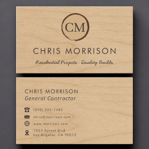 Tarjeta De Visita Contratista General Madera Monograma Profesional