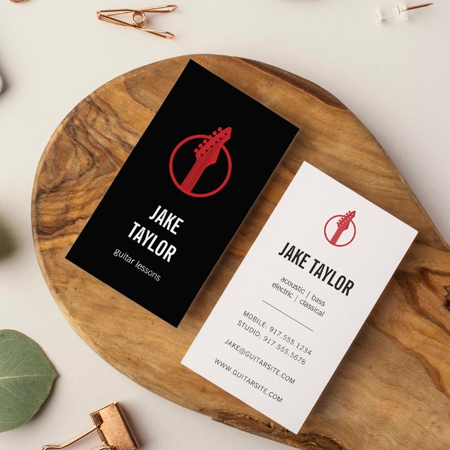 Tarjeta De Visita Cool Black & Red Guitar Lessons Vertical (Subido por el creador)