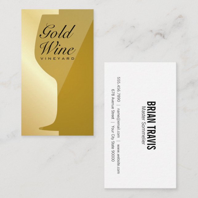 Tarjeta De Visita Copa de vino. | Dorada Sleek (Anverso / Reverso)