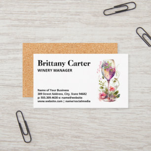 Tarjeta De Visita Copa de Vino y Flores Elegantes