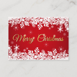 Tarjeta De Visita Copos de nieve blancos en Feliz Navidad rojo