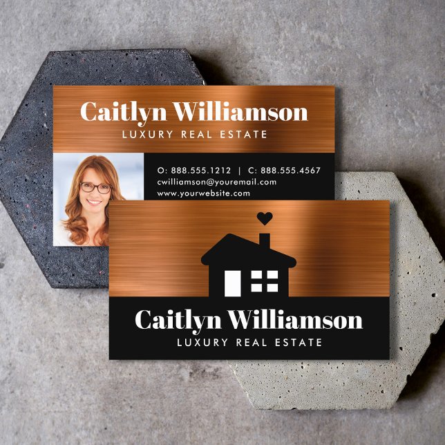 Tarjeta De Visita Copper Black Photo Real Estate Agent Broker House (Subido por el creador)