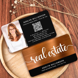 Tarjeta De Visita Copper Black Photo Real Estate Agent QR Code Bold
