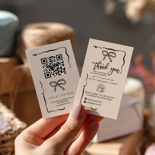 Tarjeta De Visita Coquette Bow Logo QR Thank You Order Small (Coquette Bow Logo QR Thank You Order Small Business Card)