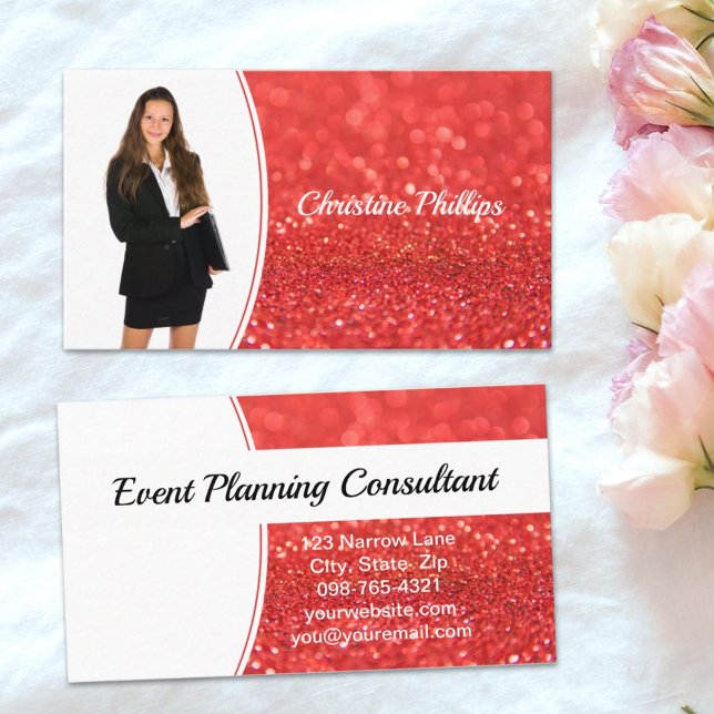Tarjeta De Visita Coral Faux Purpurina Professional Photo (Simply add photo and text on this faux glitter business card design.)