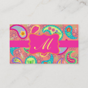 Tarjeta De Visita Coral Fuchsia Pink Modern Paisley Monograma