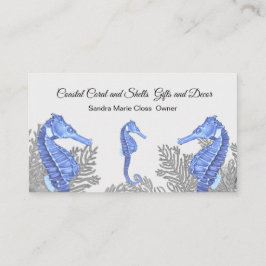 Tarjeta De Visita Coral Gray Blue Seahorse Simple Coastal