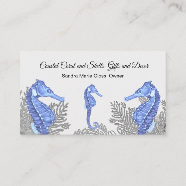 Tarjeta De Visita Coral Gray Blue Seahorse Simple Coastal (Reverso)