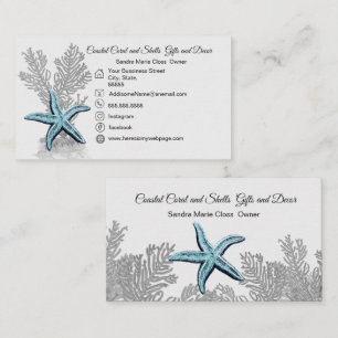 Tarjeta De Visita Coral Gris Azul Starfish Sencilla Costa