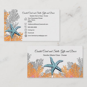 Tarjeta De Visita Coral Gris Verde azulado Starfish Sencilla Costa