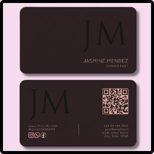 Tarjeta De Visita Coral Negro Burgundy Oscuro Monograma Código QR Mo