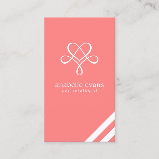 Tarjeta De Visita Coral Pink Moderno Heart and Swirls (Anverso)