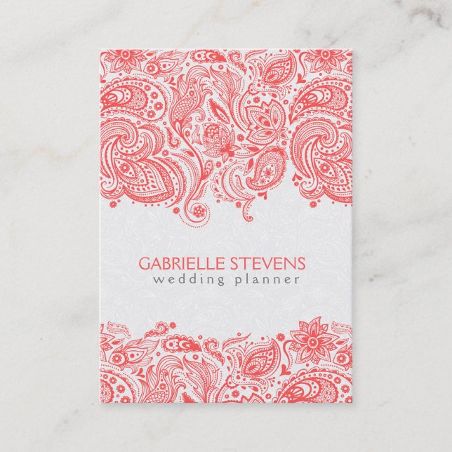 Tarjeta De Visita Coral-Red & White Floral Paisley Lace (Anverso)