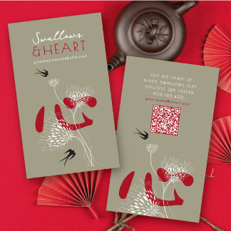 Tarjeta De Visita Corazón Chino Rojo y Golondrinas Orientales Pájaro