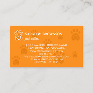 Tarjeta De Visita Corazón de animal naranja pata de mascota