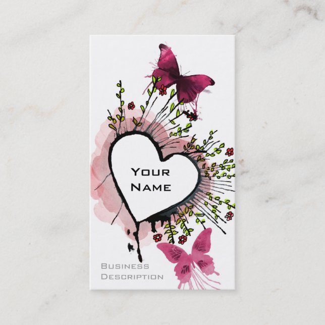 Tarjeta De Visita Corazón, mariposas y flores (Anverso)