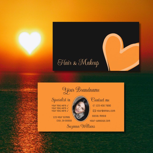Tarjeta De Visita Corazón Naranja moderno y grandioso negro con foto (Subido por el creador)