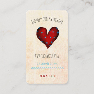Tarjeta De Visita Corazón rojo y lunares azules artesanal México