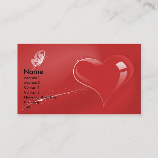 TARJETA DE VISITA CORAZÓN Y MARIPOSA ROJOS DE LA FANTASÍA (Anverso)