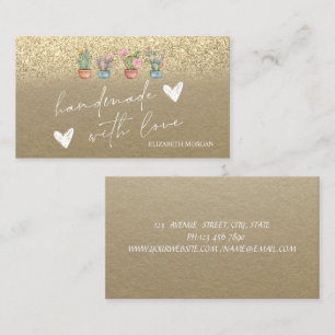 Tarjeta De Visita Corazones de Cactus Acuarela Dorado Glitter Kraft