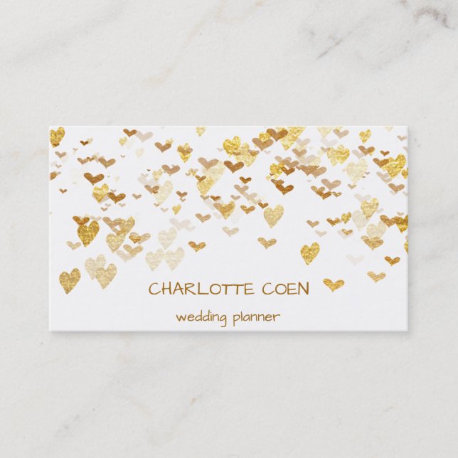 Tarjeta De Visita Corazones dorados Confetti Glam blanco Delicado (Anverso)