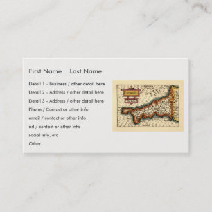 Tarjeta De Visita Cornwall (Cornwaile) Condado de Inglaterra Mapa de