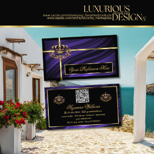 Tarjeta De Visita Corona de oro azul real opulenta con código QR nob