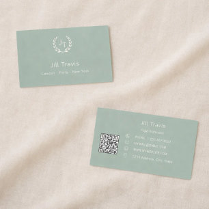 Tarjeta De Visita Corona monogramada de marfil verde salvia con códi