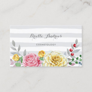 Tarjeta De Visita Cosmetóloga Floral de Rayas