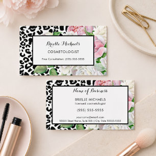 Tarjeta De Visita Cosmetóloga Floral Leopardo