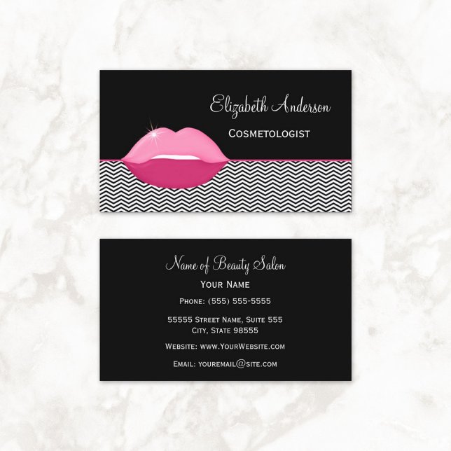 Tarjeta De Visita Cosmetólogo de Chevron Lips Girly Pink (Girly Pink Lips Chevron Cosmetologist Business Cards)