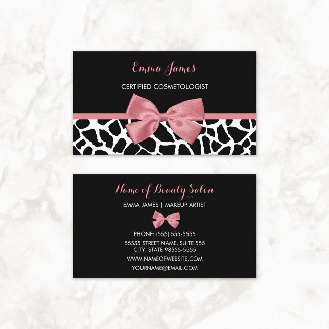 Tarjeta De Visita Cosmetólogo de moda Giraffe Imprimir rosado (Cosmetologist Trendy Giraffe Print Rosy Pink Bow Business Cards)