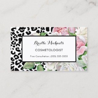 Tarjeta De Visita Cosmetólogo de moda Leopardo Imprimir Floral Rosa