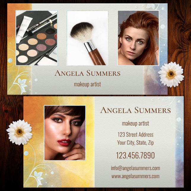 Tarjeta De Visita Cosmetólogo de portafolio Artista de maquillaje (Business card featuring a photo portfolio framed by an artistic design with floral swirls)