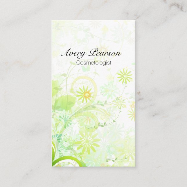 Tarjeta De Visita Cosmetólogo Elegante Pastel Flores Verdes Swirls (Anverso)