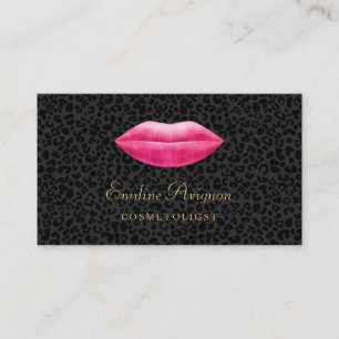 Tarjeta De Visita Cosmetólogo glamoroso Leopardo Negro Labios rosas