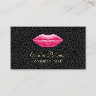 Tarjeta De Visita Cosmetólogo glamoroso Leopardo Negro Labios rosas