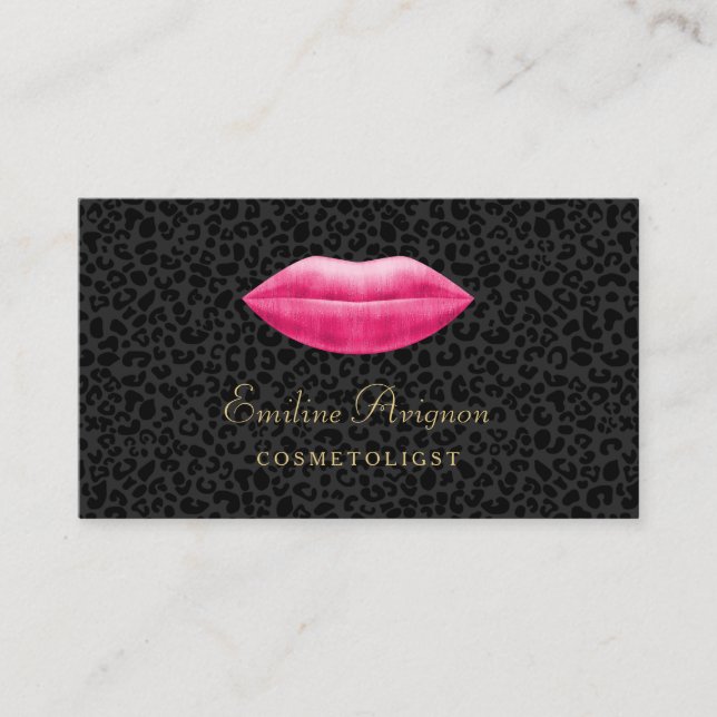 Tarjeta De Visita Cosmetólogo glamoroso Leopardo Negro Labios rosas (Anverso)