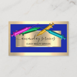 Tarjeta De Visita Cosmetólogo Jeringa Botox B12 QRCode Blue Golden