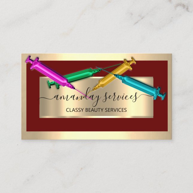 Tarjeta De Visita Cosmetólogo Jeringa Botox B12 QRCode Borgoña (Anverso)