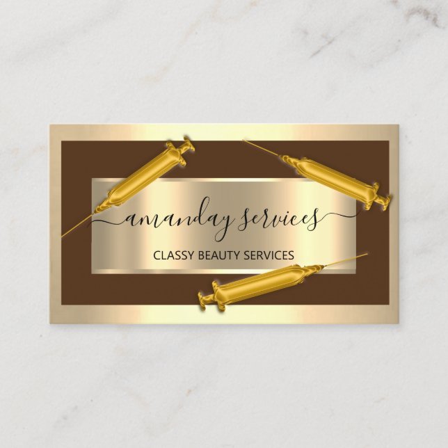 Tarjeta De Visita Cosmetólogo Jeringa Botox B12 QRCode Brown Gold (Anverso)