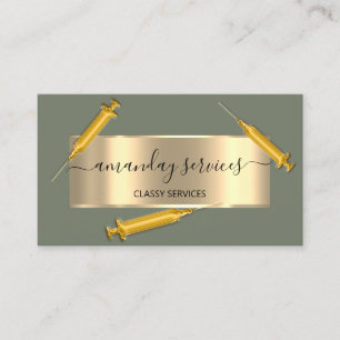 Tarjeta De Visita Cosmetólogo Jeringa Botox B12 QRCode Mint Gold