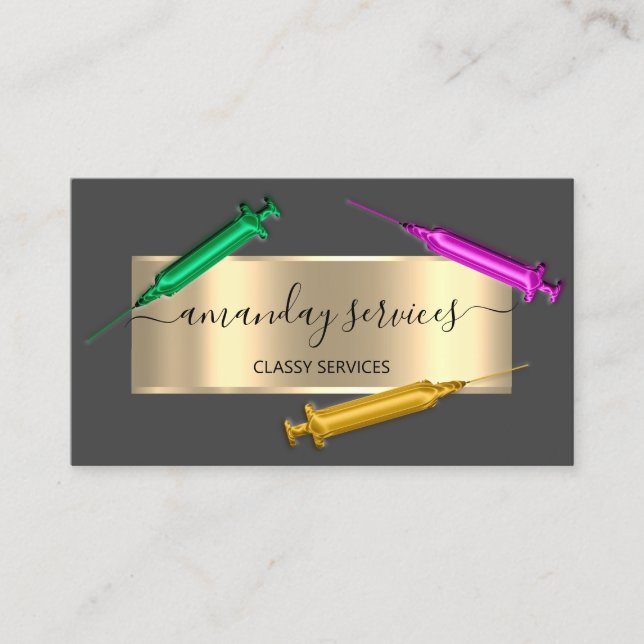 Tarjeta De Visita Cosmetólogo Jeringa Botox B12 QRCode Oro Gris (Anverso)