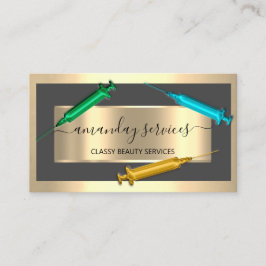 Tarjeta De Visita Cosmetólogo Jeringa Botox B12 QRCode Oro Gris