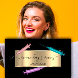 Tarjeta De Visita Cosmetólogo Jeringa Botox B12 QRCode Oro Negro